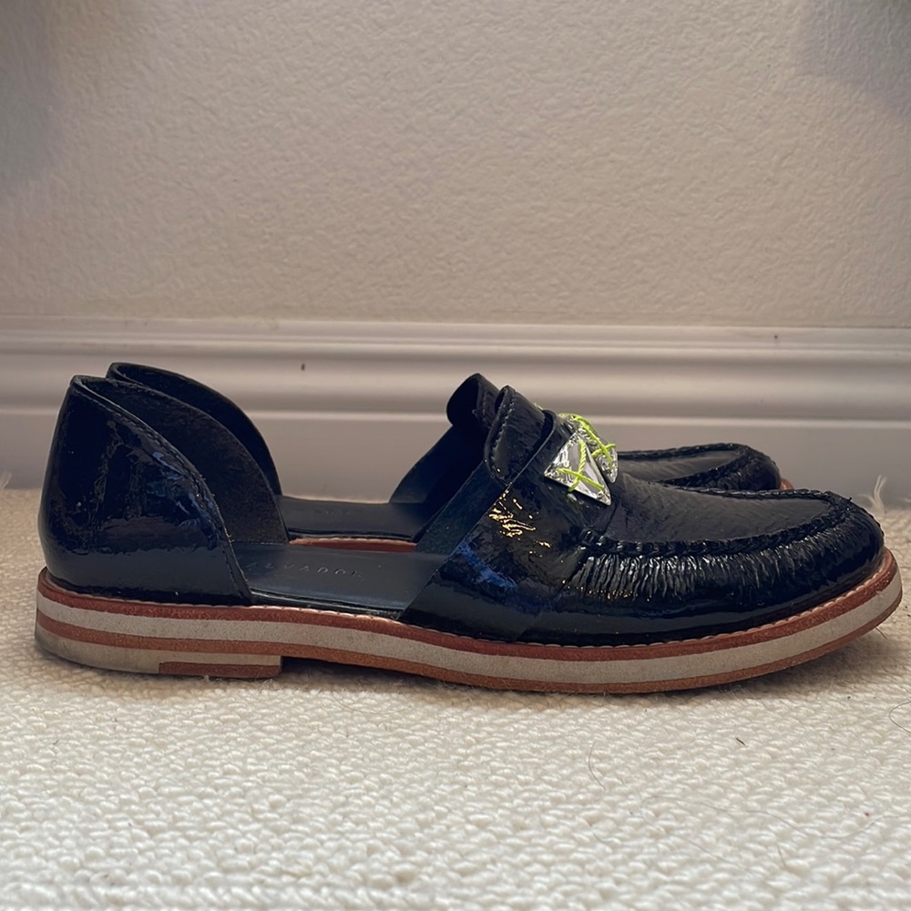 Freda Salvador Black Patent Leather Swarovsky Crystal D'Orsay  Loafers size 8